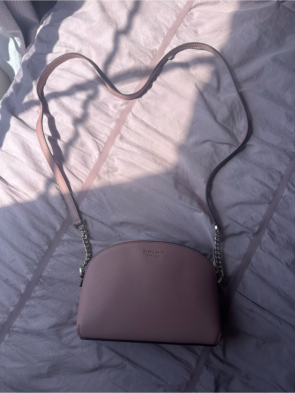 kate spade mauve-pink Saffiano leather crossbody with silver chain strap